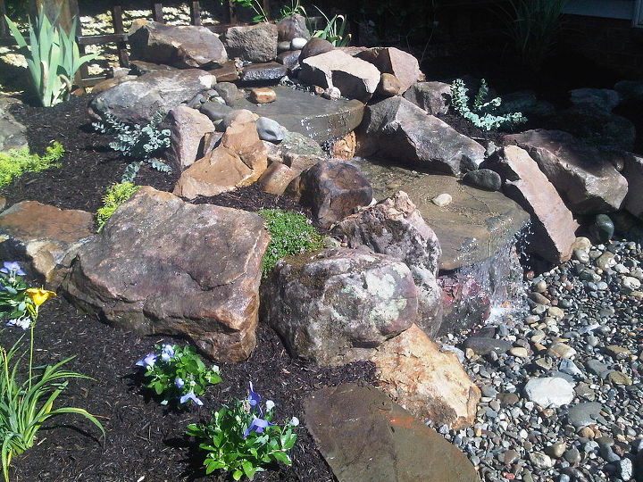 a pondless waterfall, curb appeal, fire pit, ponds water features
