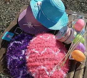 easter bonnet hanging basket, crafts, easter decorations, seasonal holiday decor, Dollar Store items to see what I did with those glitter eggs check out the post here