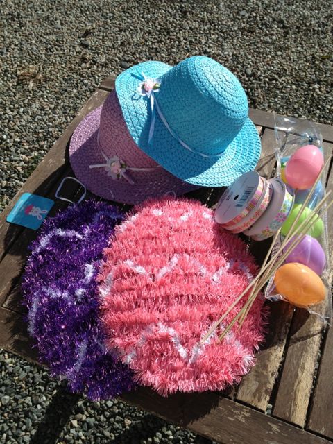 easter bonnet hanging basket, crafts, easter decorations, seasonal holiday decor, Dollar Store items to see what I did with those glitter eggs check out the post here