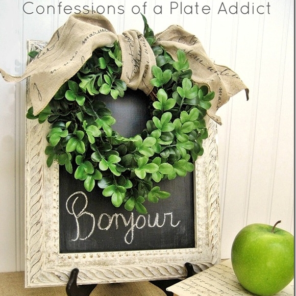 more fun projects with chalkboard paint, chalkboard paint, crafts, wreaths, An old picture frame gets spiffed up with chalkboard paint a boxwood wreath and French script ribbon