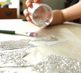 using mms milk paint as chalkboard paint, chalk paint, chalkboard paint, crafts, painting, We printed and cut 5 pennants and punched holes Brushed on Elmer s glue and sprinkled on glitter Template is free on my blog