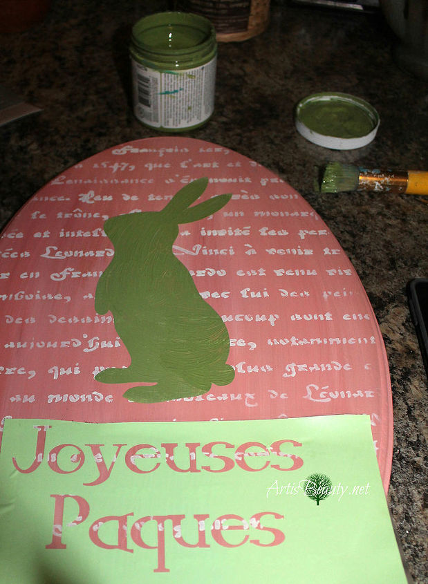 french easter art using americana decor chalky finish paint, easter decorations, home decor, seasonal holiday decor, I used my silhouette to cut out a bunny and the words joyeuses Paques I used the color NEW LIFE how perfect was that