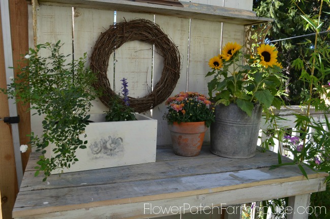 fall potting bench with my little pumpkin, gardening, seasonal holiday decor, Love my sunflower