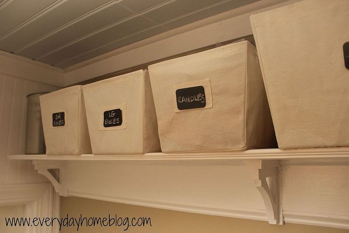 how to fake an expensive looking shelf for under 50, diy, how to, shelving ideas, storage ideas, woodworking projects, I found inexpensive linen baskets at Kmart and used chalkboard labels to mark the contents