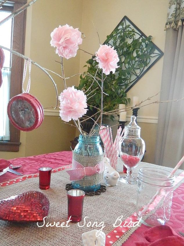 romantic double date tablescape on a budget, mason jars, repurposing upcycling, seasonal holiday d cor, Handmade poms add a sweet touch