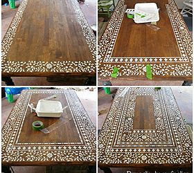 indian inlay stenciled tabletop, home decor, painted furniture, Creating an intricate Indian Inlay stenciled table process photos