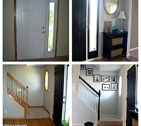 entryway with cloffice, closet, craft rooms, foyer, Before and Afters of the front door area I added a bookshelf that I spray painted black and baskets from Hobby Lobby for guests to store shoes hats mittens umbrellas and purses in I also painted our oak trim and staircase area