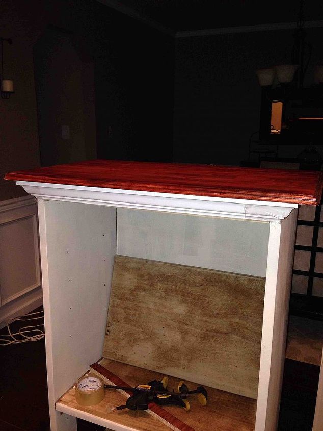 flea market to cat box entertainment center, diy, painted furniture, repurposing upcycling, woodworking projects, Cut a hole on the bottom for the litter box