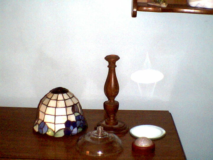 impromtu night lamp, crafts, repurposing upcycling, I had a Maple pedistal candish a battery operated dome light and a dollar store mirror I recently picked up the lead glass shade for 2 at a thrift shop Hmm Let s see