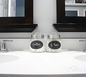 shared boys guest bathroom, bathroom ideas, home decor, These chalkboard jars are perfect for holding cotton balls and q tips