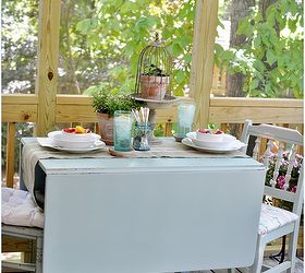 white washing amp distressing porch floor, decks, outdoor living, porches, A quick look at the table My friends at Behr Paint suggested I use a soft turquoise called Opal Silk turned out to be my new favorite color Have a great day my friends xo
