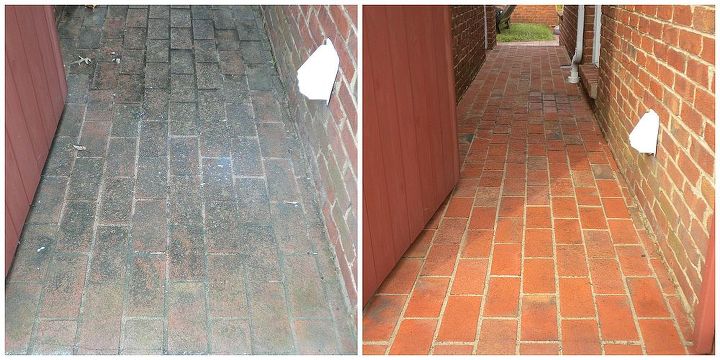 before and after power washing brick, cleaning tips, concrete masonry, curb appeal, home maintenance repairs, Walkway Between Structures Before After Power Washing with additive in water