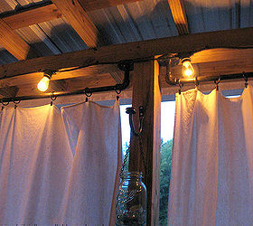 curtain rods made from galvanized plumbing parts a tutorial, repurposing upcycling, How to make curtain rods from galvanized plumbing parts Drop cloth curtains and string lights for the porch