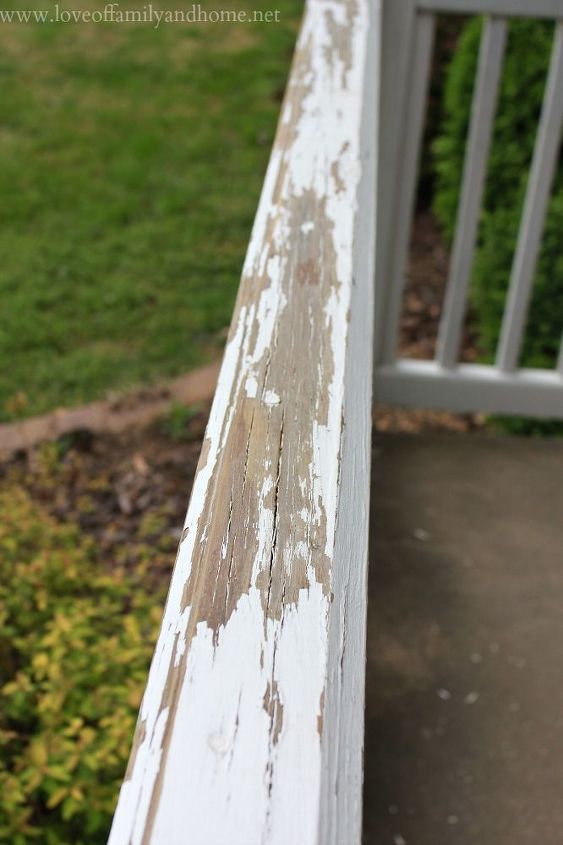 spring summer porch updates, chalkboard paint, crafts, curb appeal, seasonal holiday decor, wreaths, The porch railing had fallen victim to the rain snow over the past few years the pain was beginning to chip