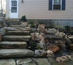 before during after patio and waterfall, curb appeal, landscape, outdoor living, patio, ponds water features, You can see the waterfall coming from the left to the right under the stone stairs
