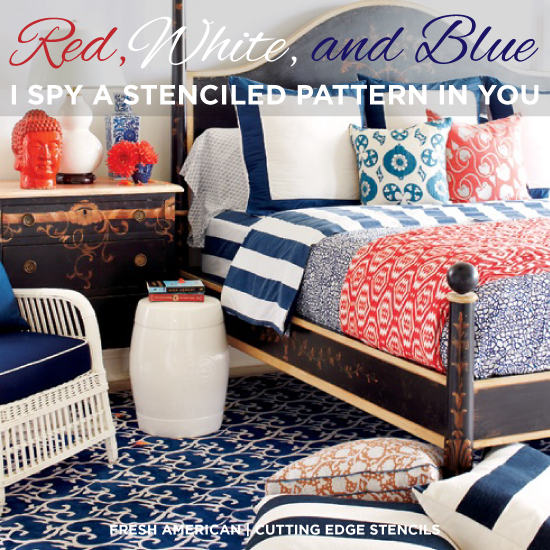 red white blue i spy a stenciled pattern in you, home decor, painting