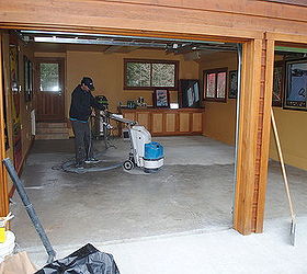 charcoal stained micro topping garage floor, flooring, garages, painting, Grinding the floor