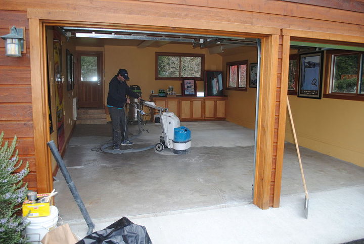 charcoal stained micro topping garage floor, flooring, garages, painting, Grinding the floor