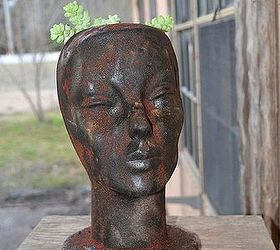 faux rusty cast iron head planter, crafts, gardening, painting, repurposing upcycling, After picture