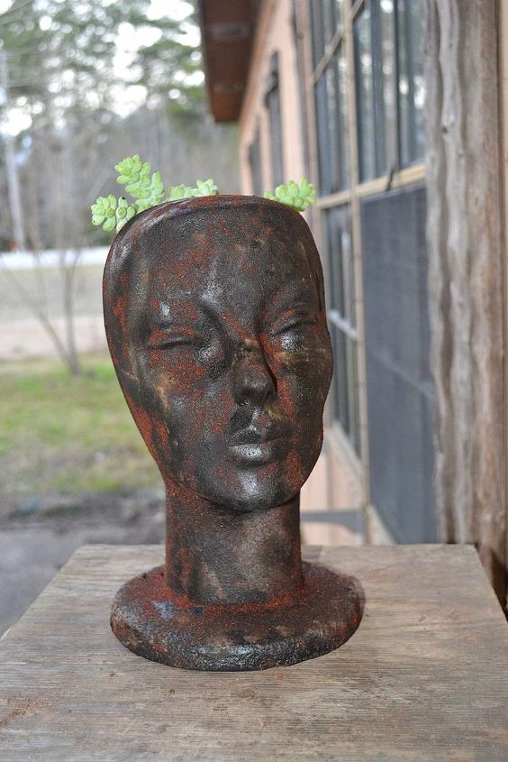 faux rusty cast iron head planter, crafts, gardening, painting, repurposing upcycling, After picture