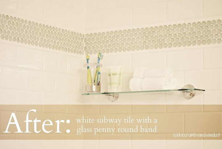 shower remodel, bathroom ideas, home improvement, Remodel using white subway tile white grout and glass penny rounds