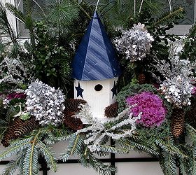 winter window box decorating, gardening, outdoor living, seasonal holiday decor, Winter window box with natural materials from the yard and a birdhouse