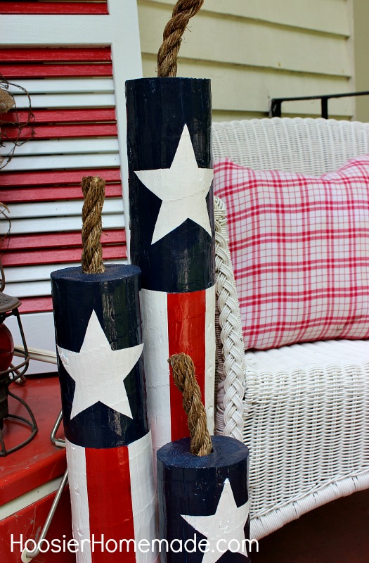 diy wooden firecrackers and our summer front porch, crafts, outdoor living, patriotic decor ideas, seasonal holiday decor, Easy to make Wooden Firecrackers