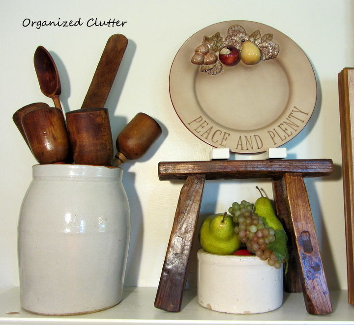 an early fall mantel coconut oil treatment on vintage wood, repurposing upcycling, seasonal holiday d cor, A bouquet of vintage wooden utensils in a crock All treated with coconut oil
