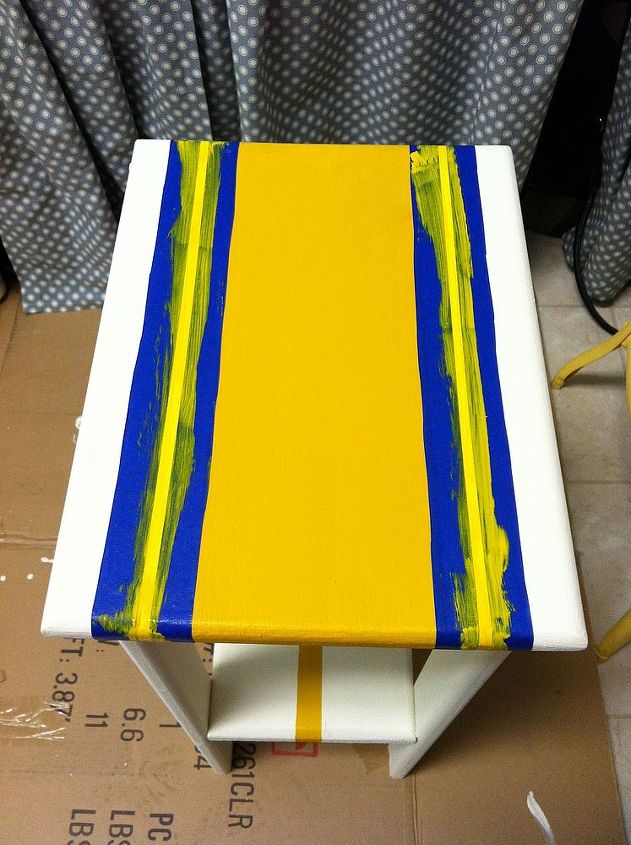 vintage tea towel inspired table makeover, chalk paint, home decor, painted furniture, Next I used painter s tape to add the Fresh Mustard strips