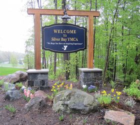welcome signs, landscape, outdoor living, Welcome Sign sits on masonry pillars accented by native boulders and native plants