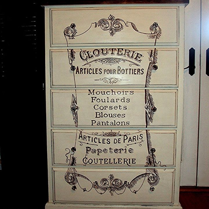 a discarded dresser gets a french clouterie makeover, painted furniture, It took about 8 hours to hand paint the graphics to the front of the dresser
