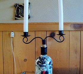 how to repupose a pendleton whiskey bottle, repurposing upcycling, Filled with black white gems black distressed black metal candle holder