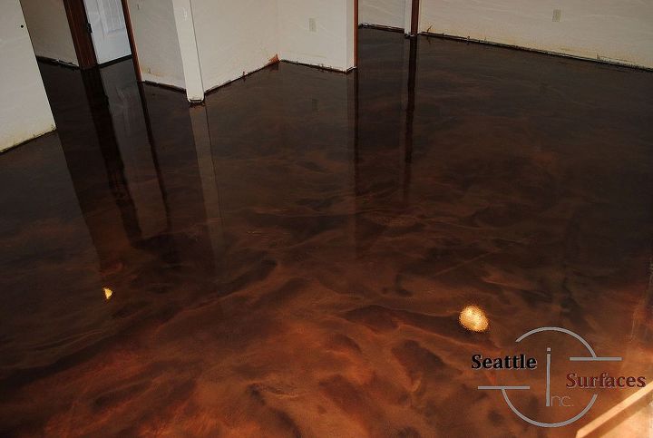 designer epoxy basement floor after failed diy, basement ideas, flooring, painting, A designer metallic epoxy floor done in Deep Mocha over Lincoln Penny