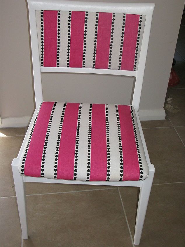 revamp two dining chairs two different looks, painted furniture, Other chair in eye popping pink sewing machine needed for the backs and a little extra padding for the seats