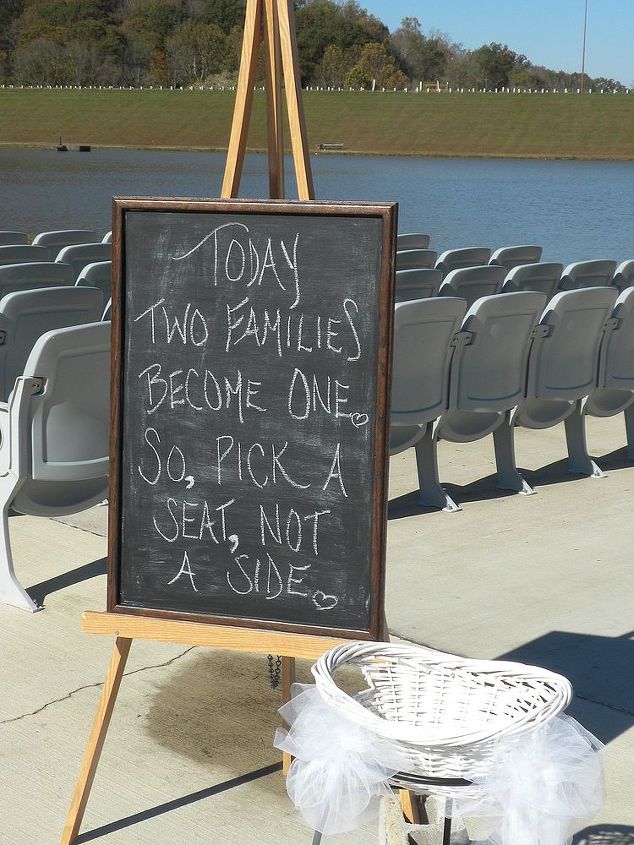 a casual homemade wedding, chalkboard paint, crafts, mason jars, Chalkboard painted sign in lieu of ushers