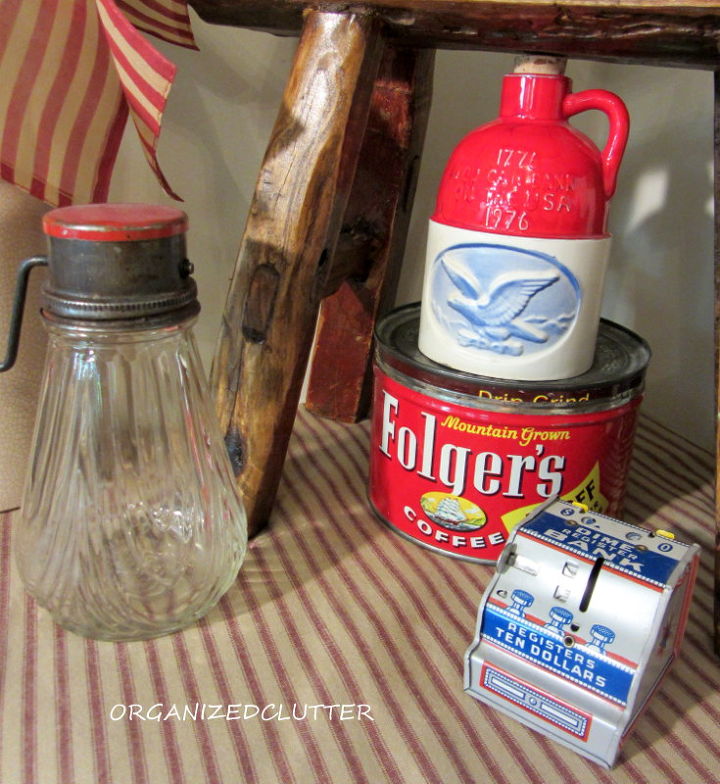 patriotic kitchen vignette, patriotic decor ideas, repurposing upcycling, seasonal holiday d cor, The 1976 liberty jug advertising jug worked as did the Folger s can and dime register bank All in patriotic colors