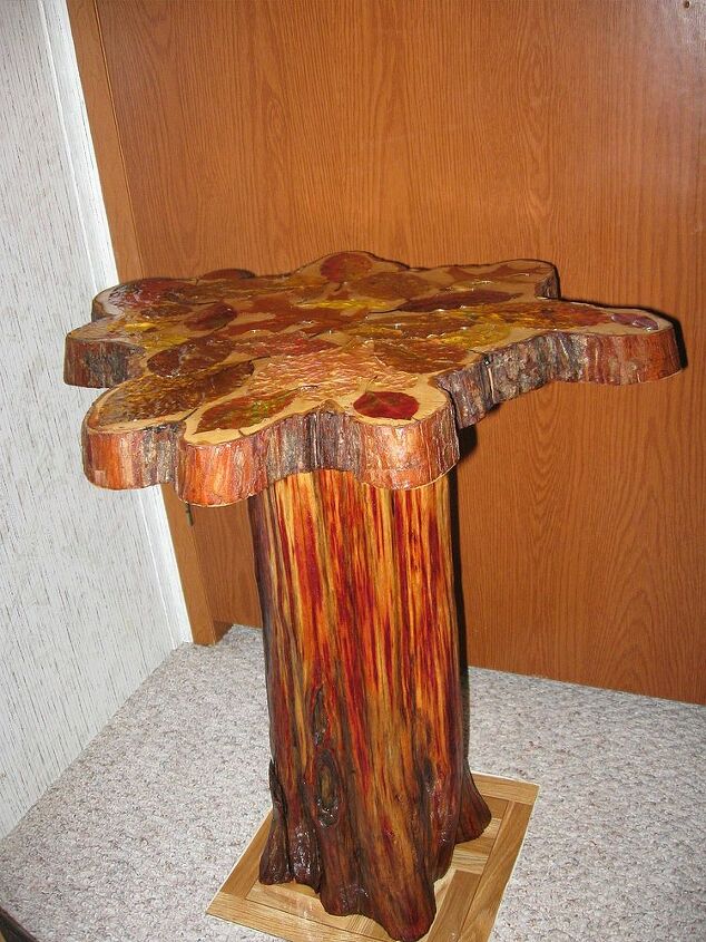 cedar log table, painted furniture, woodworking projects, Cedar Log Table with Real Leaves Sealed on Top Created by Me