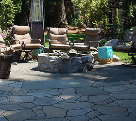 pavers with boulders and slate integrated by ross nw watergardens portland, concrete masonry, curb appeal, landscape, outdoor living, patio, Stone fire pit gravel patio paver patio all blended to create a beautiful outdoor space By Ross NW Watergardens in Portland OR