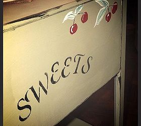 my 5 00 metal thriftstore find turns into kitchen beauty, kitchen design, painted furniture, stenciled on words such as sweets bakery cookies add a little whimsey