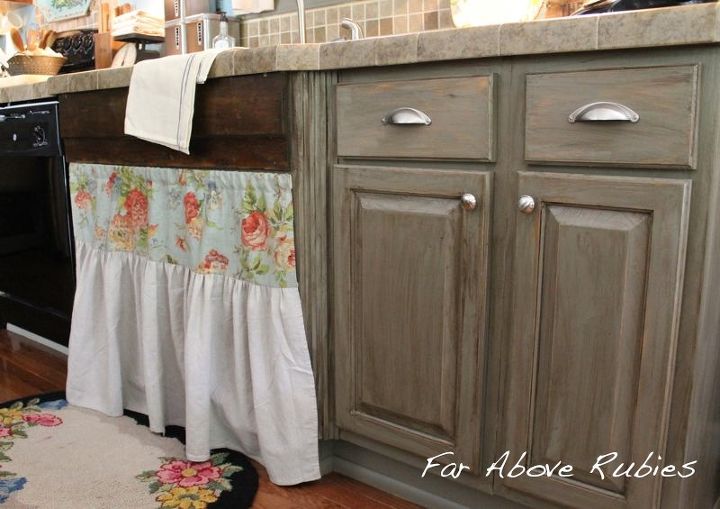 vintage farm kitchen, home decor, kitchen design, painted furniture, Sink skirt and repurposed wood trim