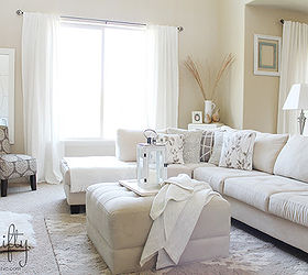 white living room, home decor, living room ideas, living room with soft ottoman