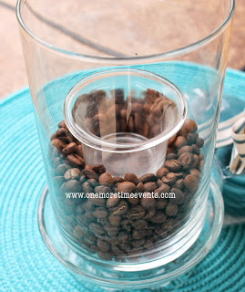 quick and easy cylinder coffee bean center piece, home decor, Adding Whole Coffee Beans