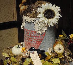 autumn home decorations, chalkboard paint, crafts, flowers, seasonal holiday decor, wreaths, This was my centerpiece It is an old chicken feeder with flowers and such adorning it