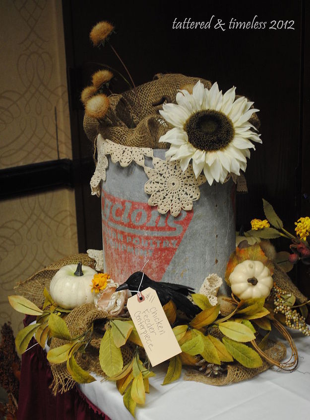 autumn home decorations, chalkboard paint, crafts, flowers, seasonal holiday decor, wreaths, This was my centerpiece It is an old chicken feeder with flowers and such adorning it