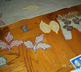 another burlap table runner, crafts, fireplaces mantels, home decor, The Modge Podge drys clear yeah I added veining on the leaves and then used stitch witchery to attach the leaves In retro spect I should have just stamped them onto the runner Remember this WAS going to be a mantle scarf