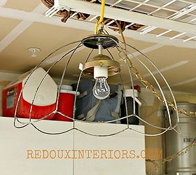 organize your garage using reclaimed and upcycled items, garages, organizing, repurposing upcycling, Instead of purchasing garage lighting consider making your own I used a basket chandelier I found dumpster diving removed the plastic basket weave and installed an Edison Bulb