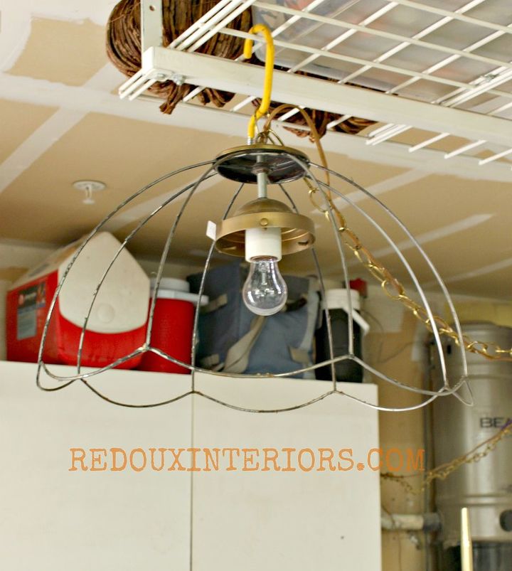 organize your garage using reclaimed and upcycled items, garages, organizing, repurposing upcycling, Instead of purchasing garage lighting consider making your own I used a basket chandelier I found dumpster diving removed the plastic basket weave and installed an Edison Bulb