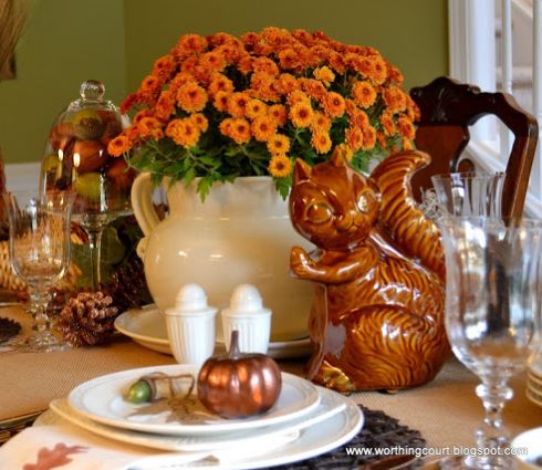 thanksgiving tablescape, seasonal holiday d cor, thanksgiving decorations, A cute squirrel planter is right at home on this table