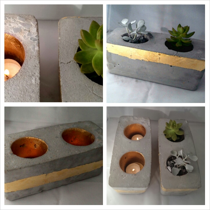 concrete and gold tea light votive and planter, concrete masonry, crafts, diy, matching pair