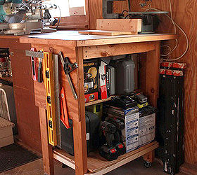 organized garage and workshop, garages, organizing, storage ideas, Rolling power tool work bench houses all the small power tools